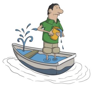 Cartoon of main bailing out small boat with holes.