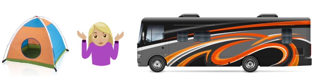 clipart of a tent, a woman, and a motorhome