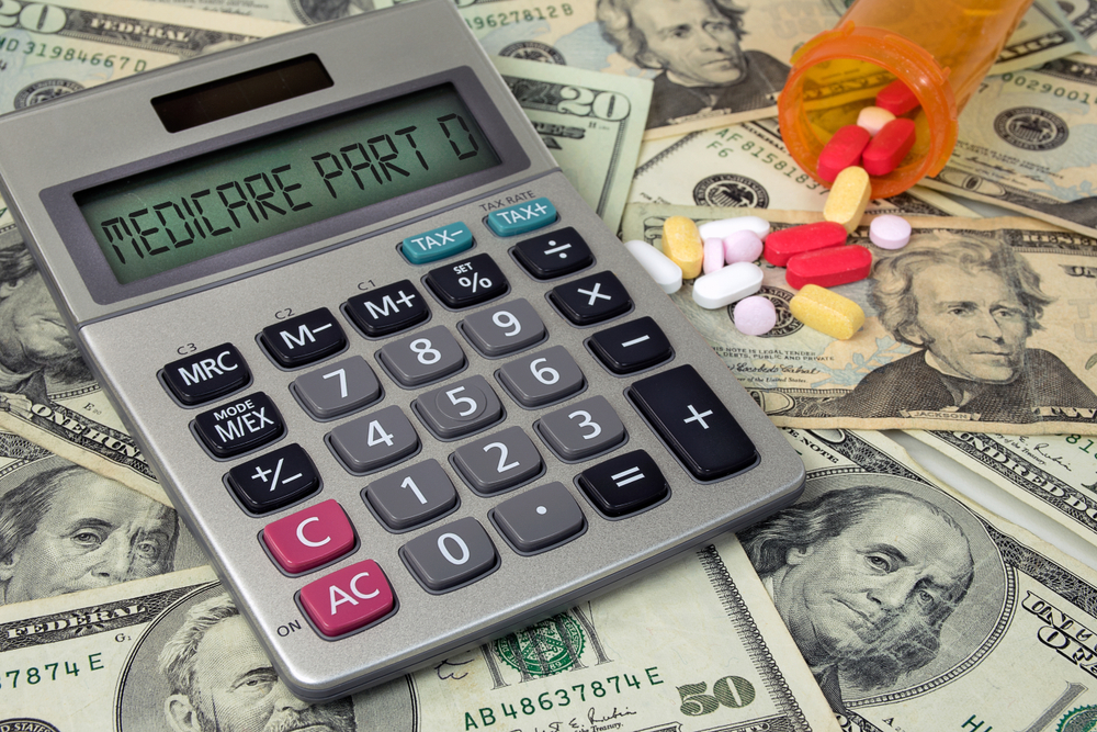 calculator, bills, and pills illustrate the cost of Medicare Part D