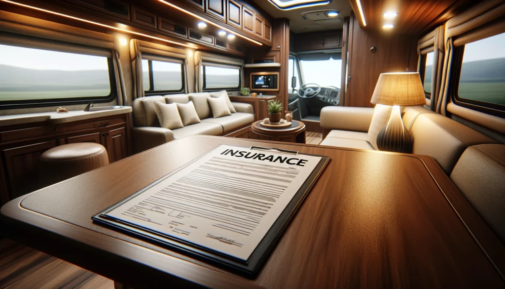interior of an RV with a clipboard labeled insurance