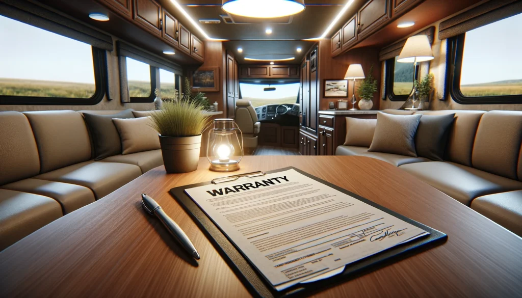 interior of an RV with a clipboard labeled warranties vs insurance